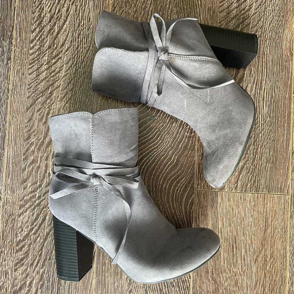 Gray heeled booties